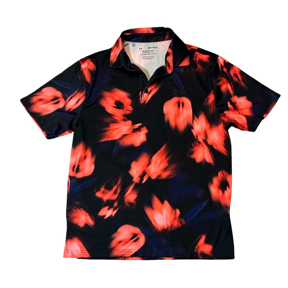 Under Armour mens M Medium loose fit orange blur abstract playoff polo shirt EUC